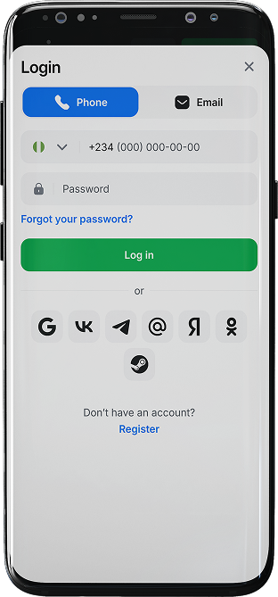 Screenshot of the 1win app login page